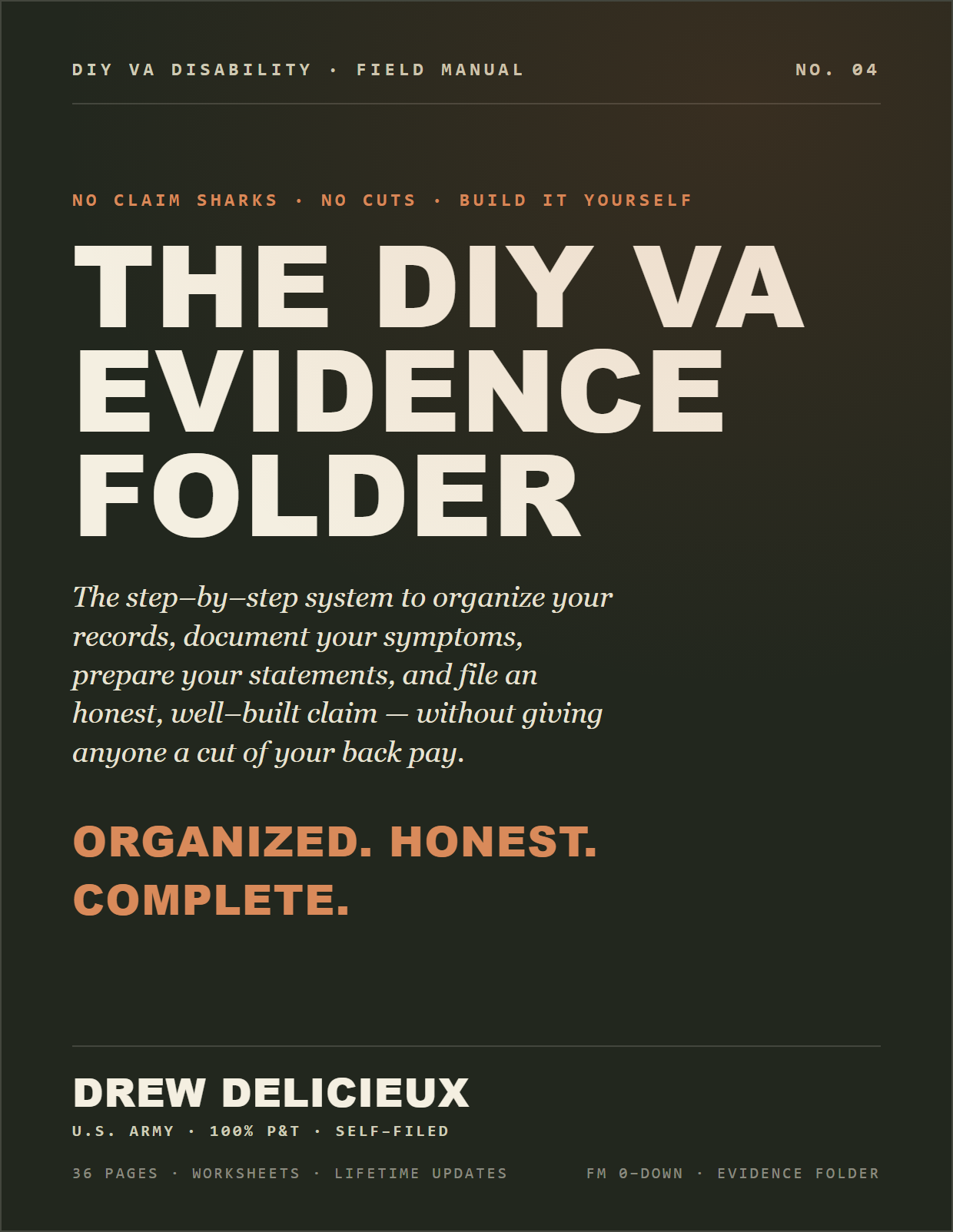 The DIY VA Evidence Folder — the 36-page claim-filing system cover.