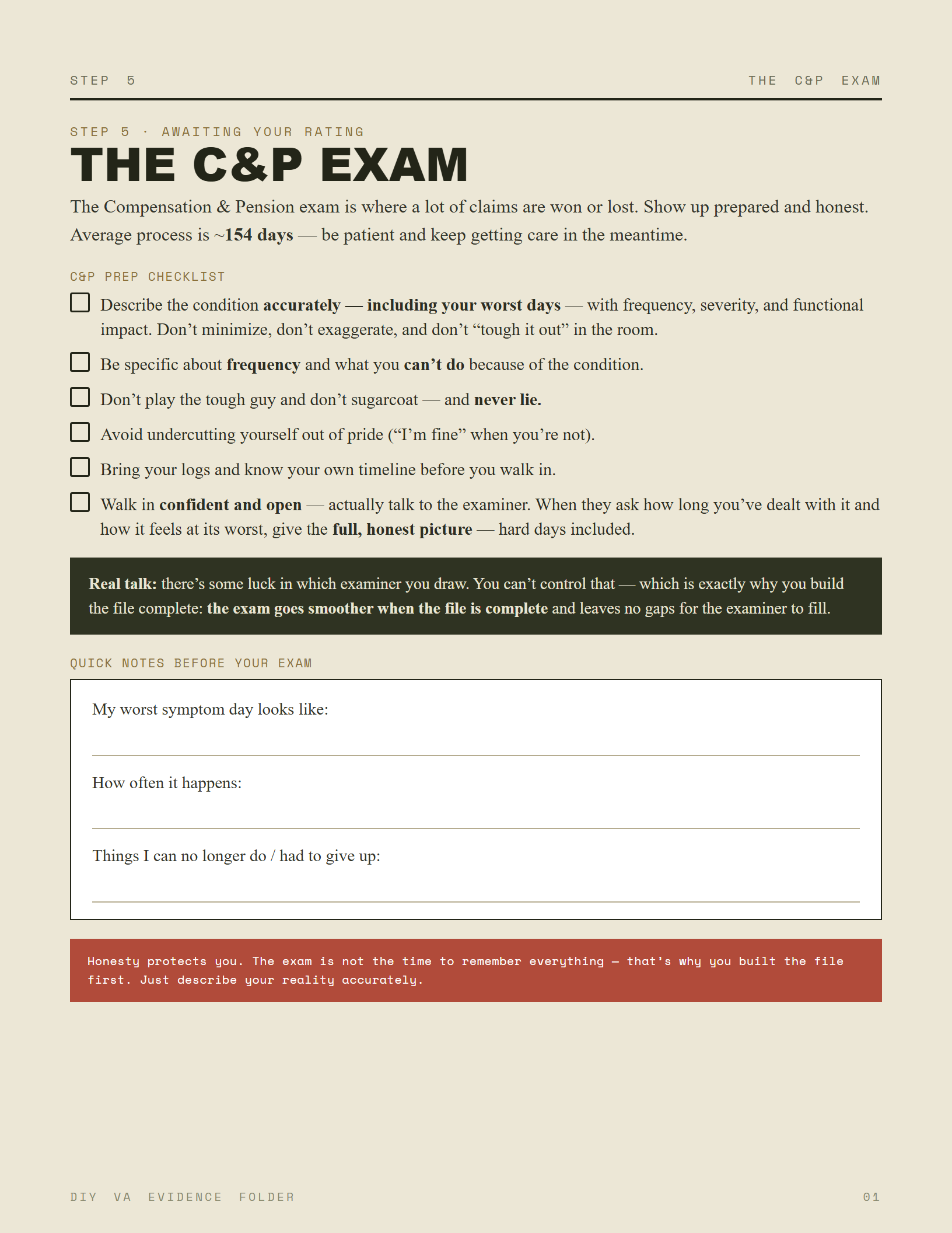 An Evidence Folder page preparing you for the C&P exam — accurate, specific, honest.