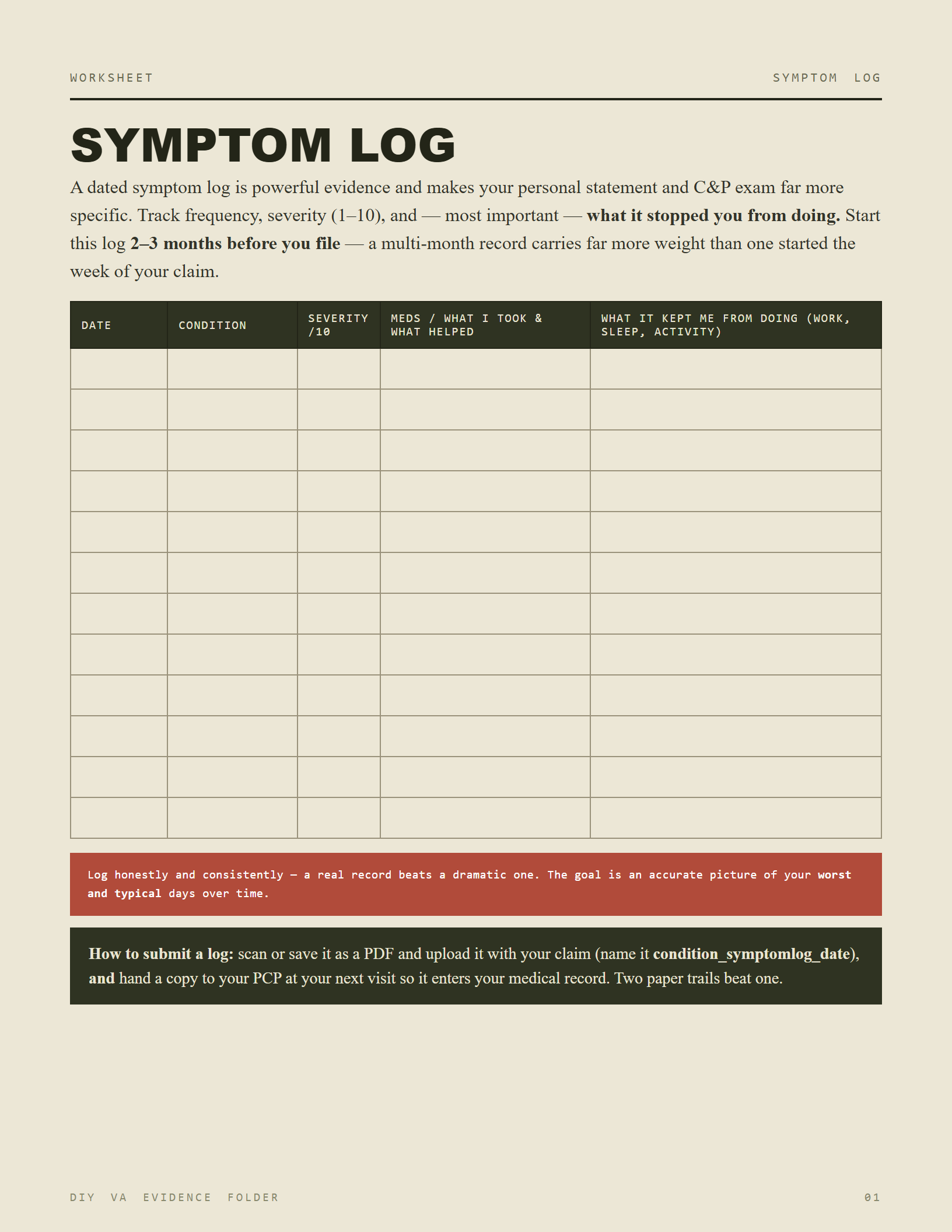 The symptom log sheet from the Evidence Folder — frequency, severity, and functional impact.