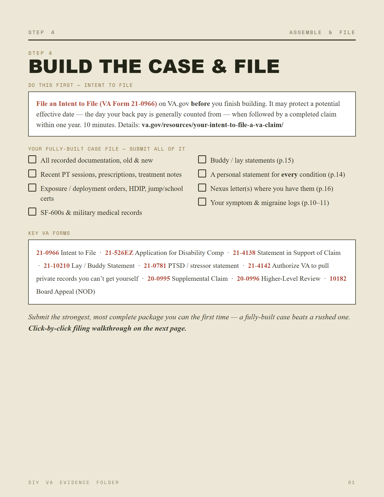 An Evidence Folder page on the Intent to File timeline and protecting your potential effective date.